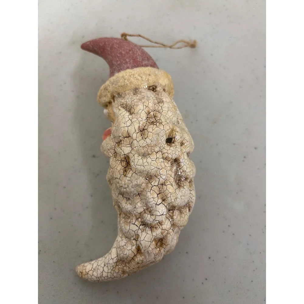 Rustic Santa Claus Head Ornament Crackle Glaze‎ Textured Red Hat Christmas Moon